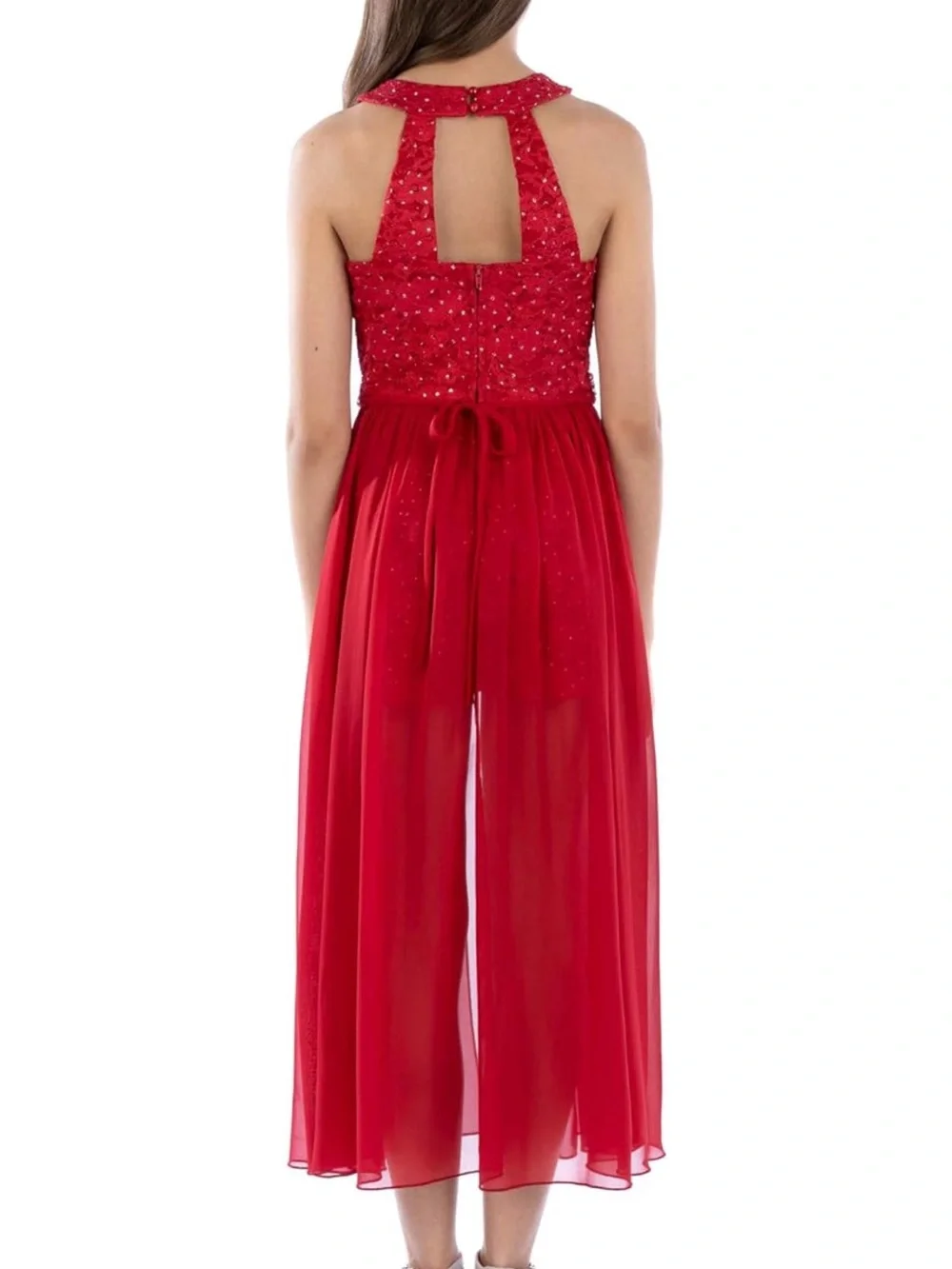 Speechless Red Beaded Halter High-Low Formal Dress